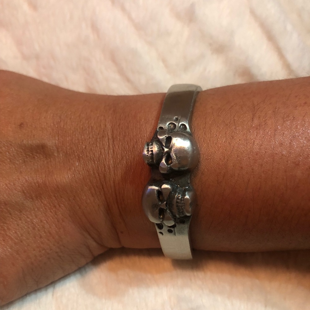 Silver Tone Double Skull Cuff Bracelet